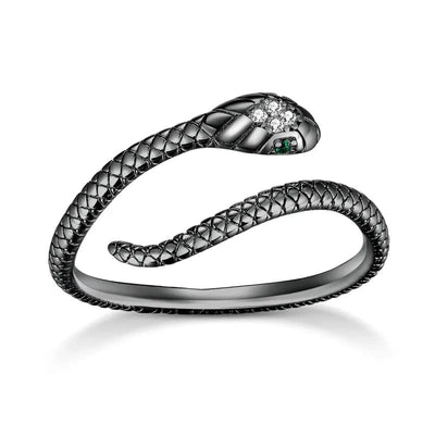 wickedafstore Black bamoer 925 Sterling Silver Platinum Plated Adjustable Ring, Green Zircon Retro Textures Snake Ring Fashion Jewelry 4 Colors