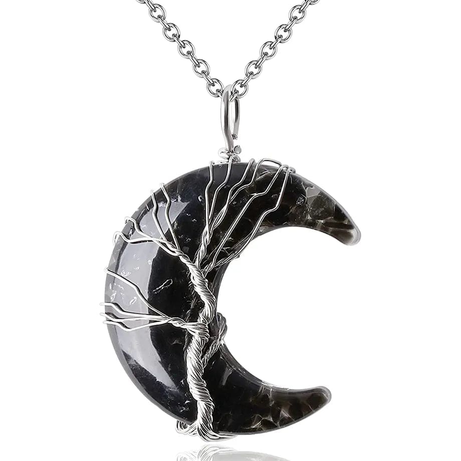 wickedafstore Black Obsidian Crescent Moon Quartz Crystal Necklace