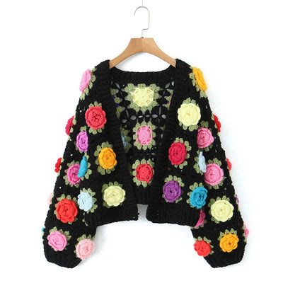 wickedafstore Black / One Size 2023 Autumn BOHO Hand Crochet 3D Flower Ball Cardigan Sweet Woman V neck Full Lantern sleeve Knitting Sweater Knitwear Jumper