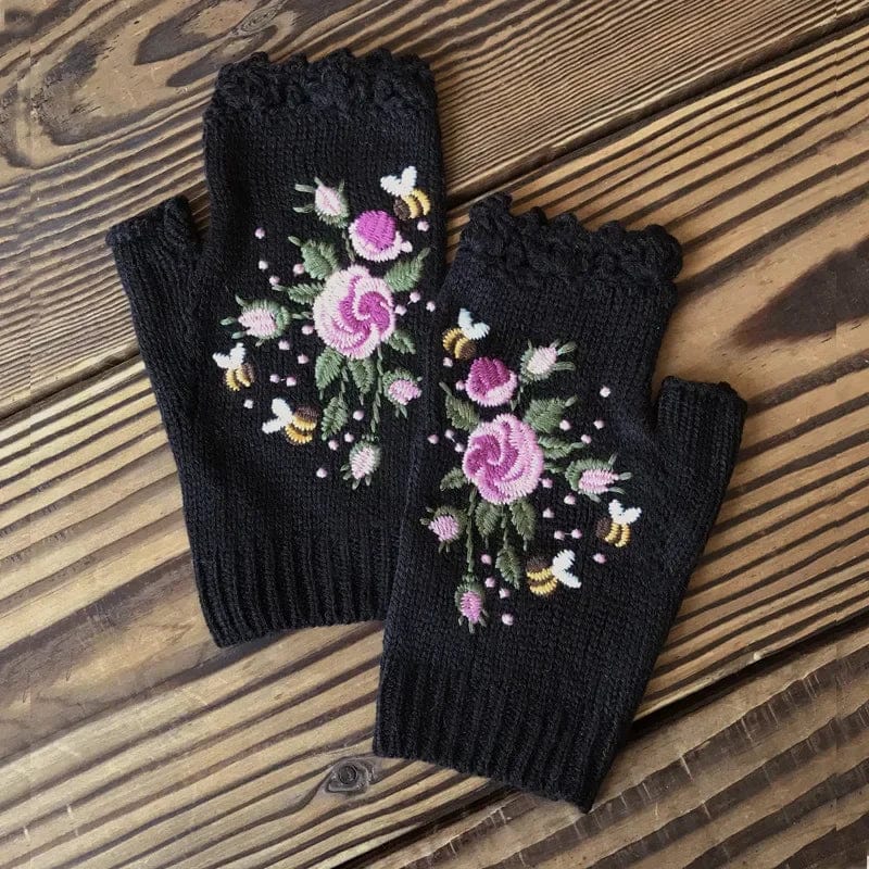 wickedafstore Black / One Size Floral Embroidery Fingerless Gloves