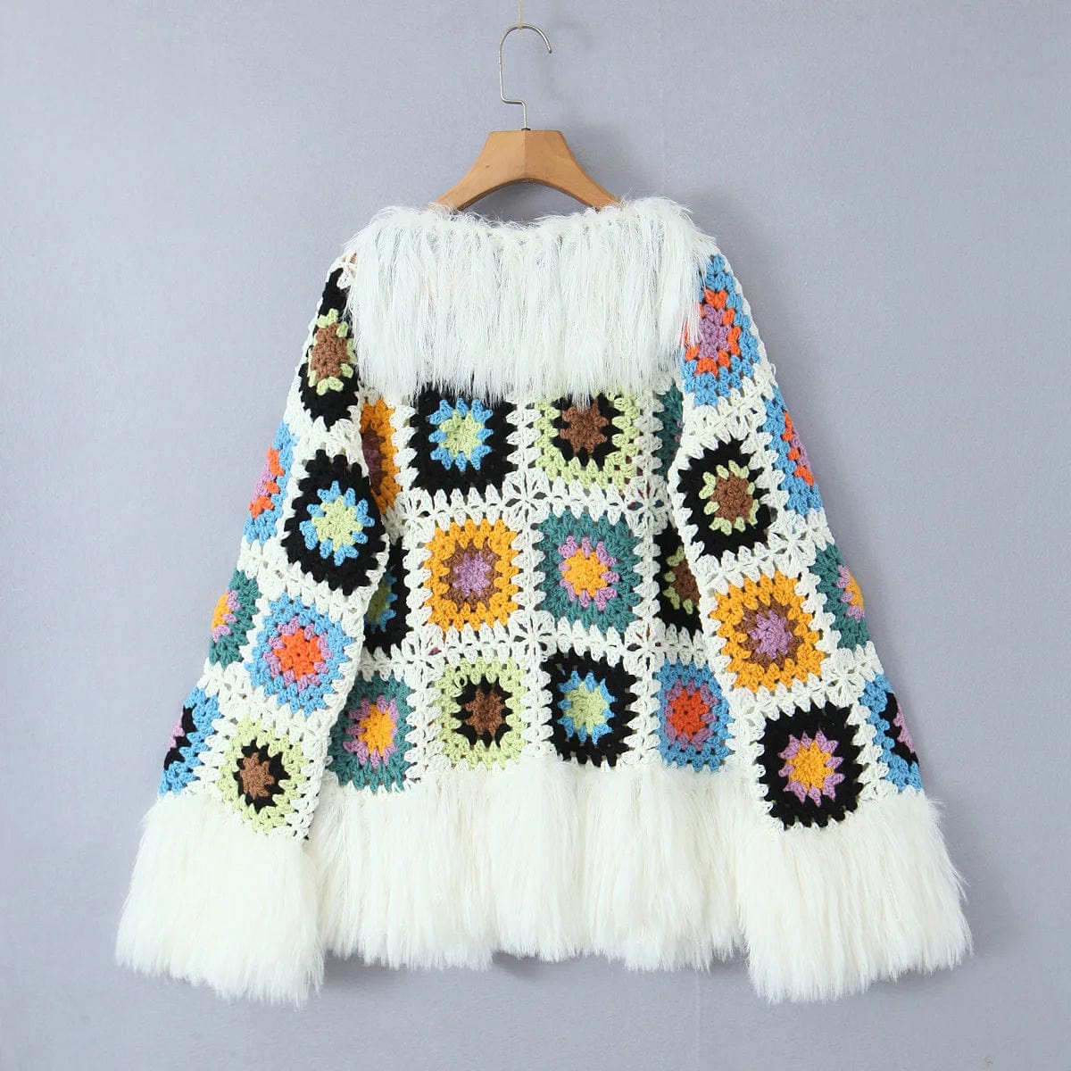 wickedafstore BOHO Long Hairy Tassel Colored Plaid Flower Hand Crochet Cardigan Ethnic Woman V neck Long sleeve Fringe Sweater Knitwear Jumper