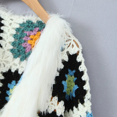 wickedafstore BOHO Long Hairy Tassel Colored Plaid Flower Hand Crochet Cardigan Ethnic Woman V neck Long sleeve Fringe Sweater Knitwear Jumper