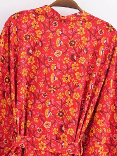 wickedafstore Boho Queens Women Red Floral Print Bat Sleeve Beach Bohemian Kimono Dresses Ladies V Neck Rayon Short Robe Bikini Cover-up