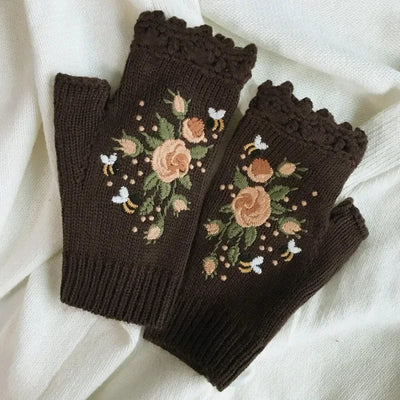 wickedafstore Brown / One Size Floral Embroidery Fingerless Gloves
