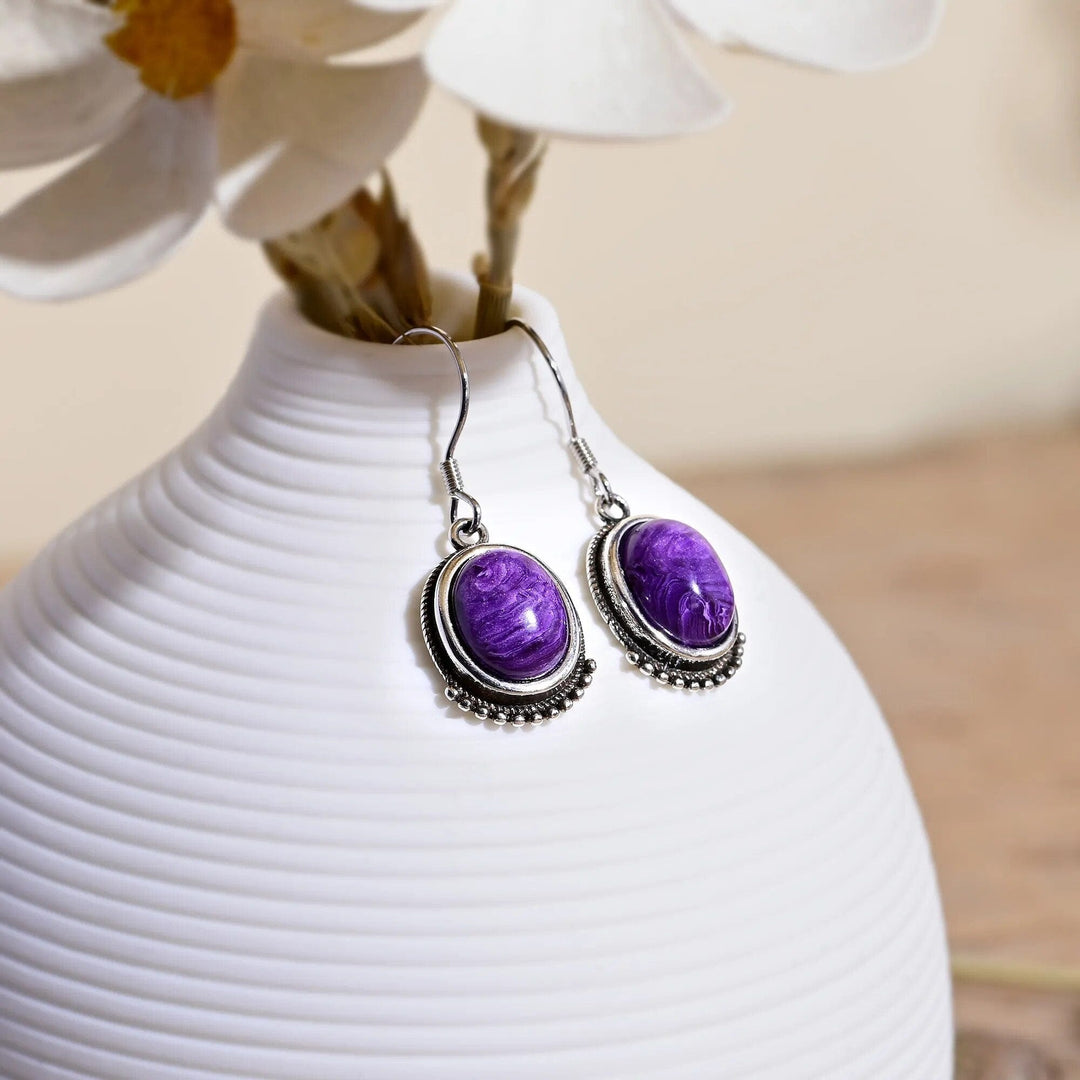 Native American Sterling Silver Charoite Dangle buy Earrings For Women