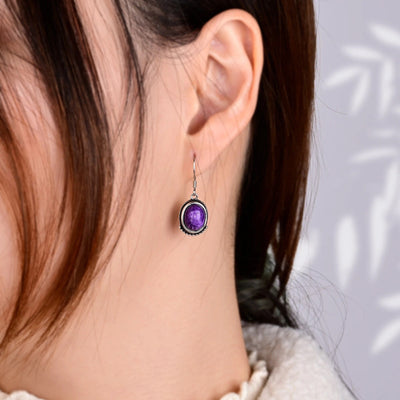 wickedafstore CHAROITE High Quality 925 Sterling Silver Earrings Natural Charoite Drop Earrings for Women Luxury Ear Hoop Jewelry Gift