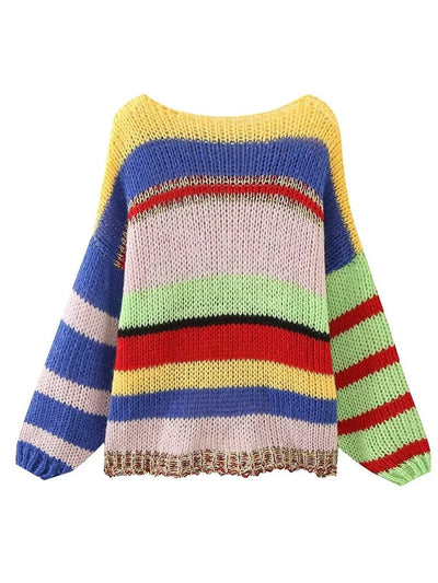 wickedafstore Chu Sau beauty 2023 Women Autumn Fashion Sweet Color Striped Knitted Pullover Chic O-neck Loose Sweater Cute Long Sleeve Jumpers