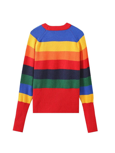 wickedafstore Chu Sau beauty 2024 Women Fashion Sweet Color Striped Loose Knitted Pullover Young Style Long Sleeve Sweater Chic O-neck Jumper
