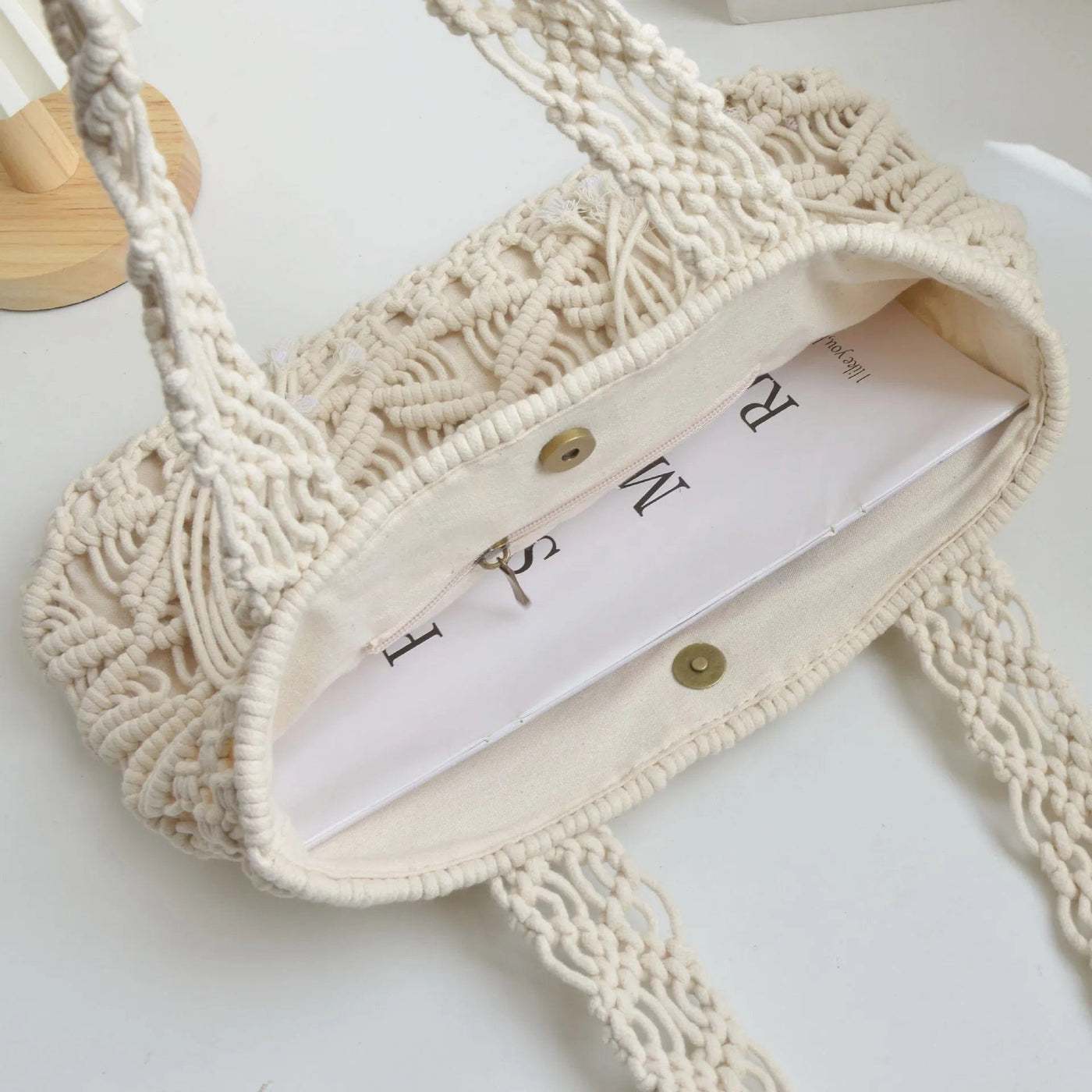 wickedafstore Creamy-white Cotton Rope Hand Woven Bag, Simple And Artistic Beach Vacation Solid Color Shoulder Bag
