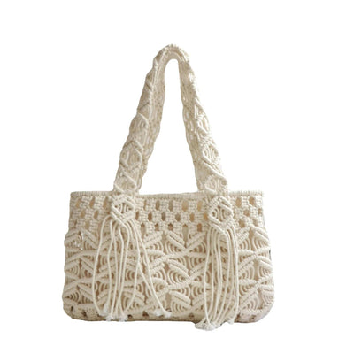 wickedafstore Creamy-white Cotton Rope Hand Woven Bag, Simple And Artistic Beach Vacation Solid Color Shoulder Bag