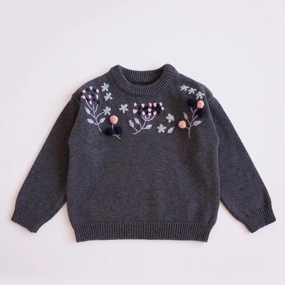 wickedafstore Dark Grey / 2T Embroidered Floral Girls Sweater
