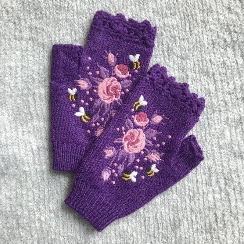 wickedafstore Dark Purple / One Size Floral Embroidery Fingerless Gloves