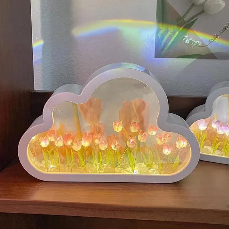 wickedafstore DIY Cloud Tulip LED Night Light Girl Bedroom Ornaments Creative Photo Frame Mirror Table Lamps Bedside Handmade Birthday Gifts