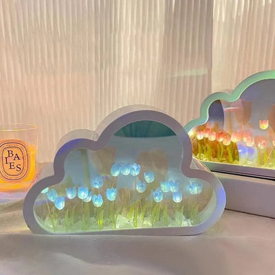 wickedafstore DIY Cloud Tulip LED Night Light Girl Bedroom Ornaments Creative Photo Frame Mirror Table Lamps Bedside Handmade Birthday Gifts