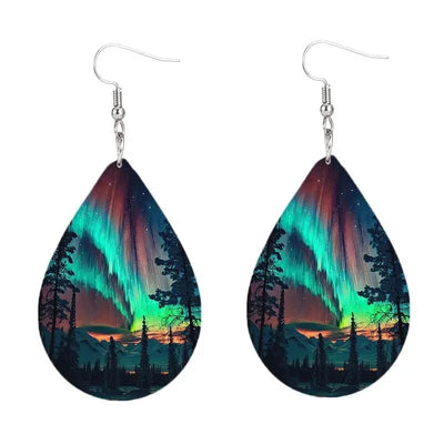 wickedafstore E111499 1Pair Bohemian Fashion Style PU Leather Droplet Earrings Forest Print Men's and Women's Daily Wear Ear Jewelry Creative Personal