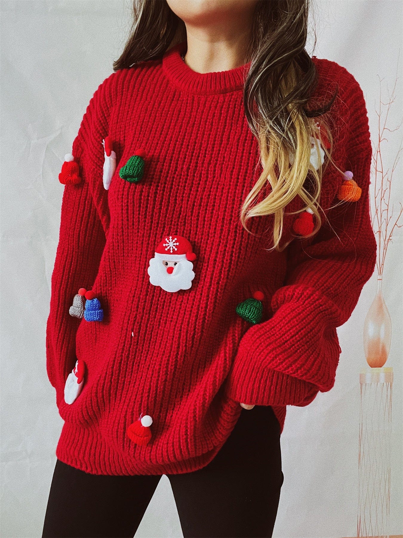 wickedafstore Embroidered Santa Pullover Sweater