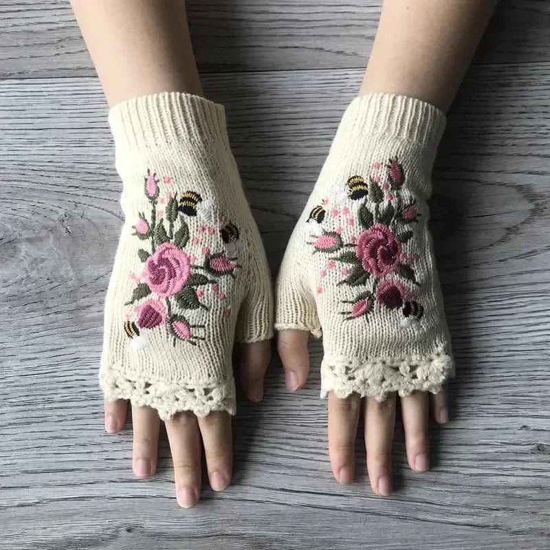 wickedafstore Floral Embroidery Fingerless Gloves