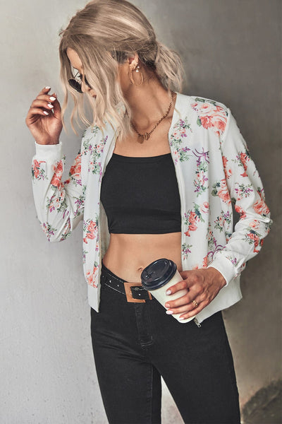 wickedafstore Floral Zip Up Ribbed Trim Bomber Jacket