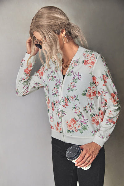 wickedafstore Floral Zip Up Ribbed Trim Bomber Jacket