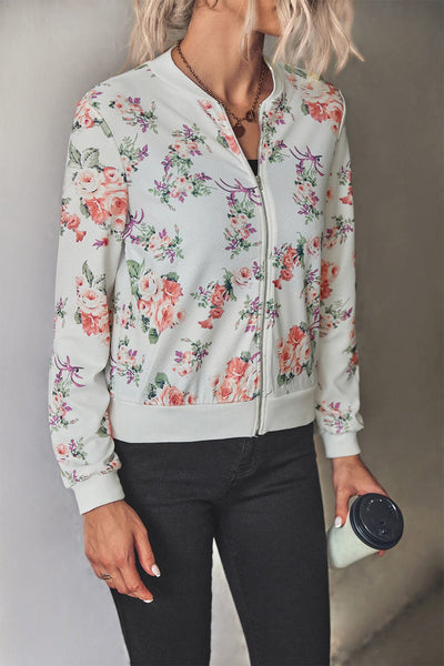 wickedafstore Floral Zip Up Ribbed Trim Bomber Jacket