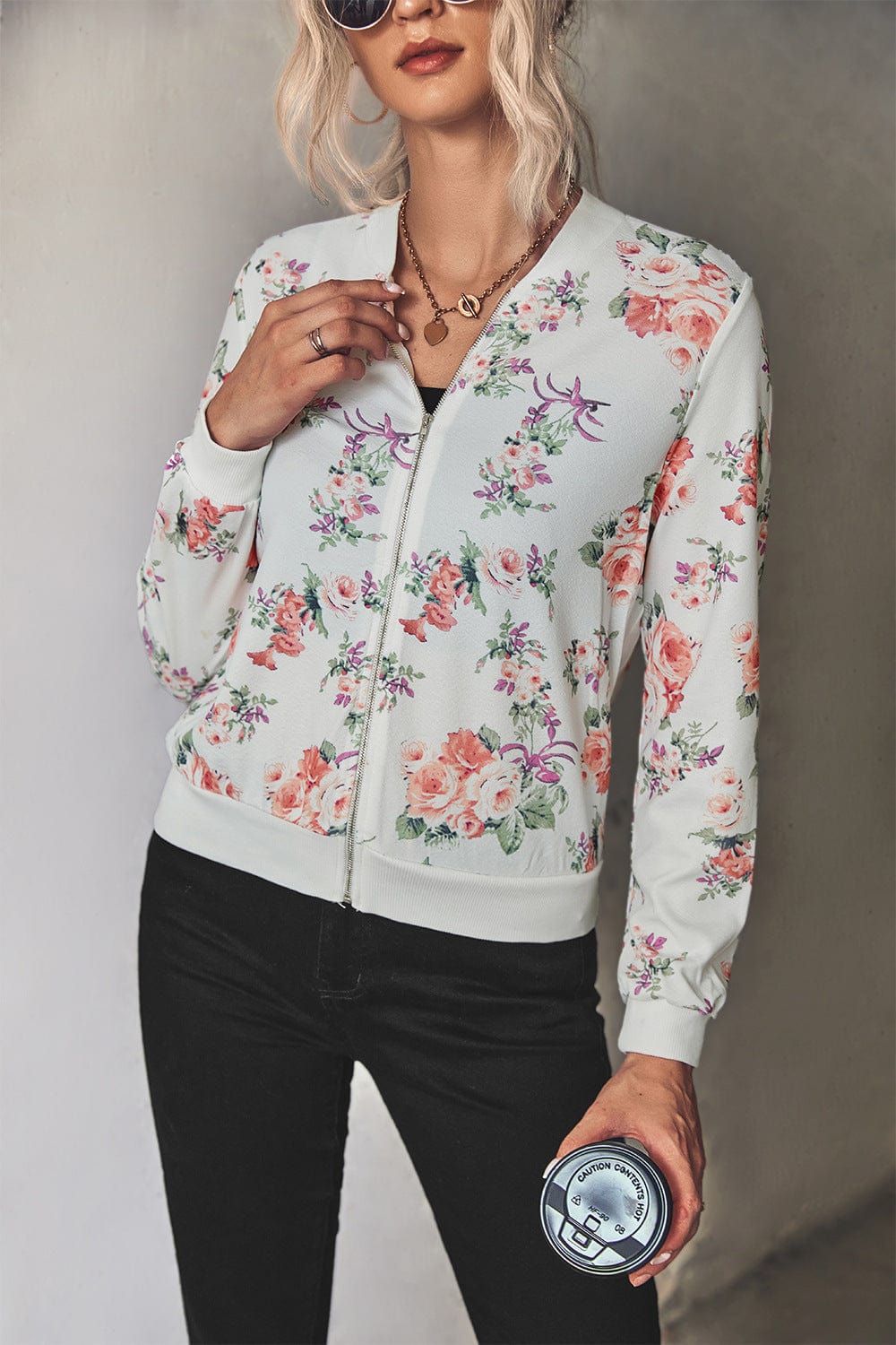 wickedafstore Floral Zip Up Ribbed Trim Bomber Jacket