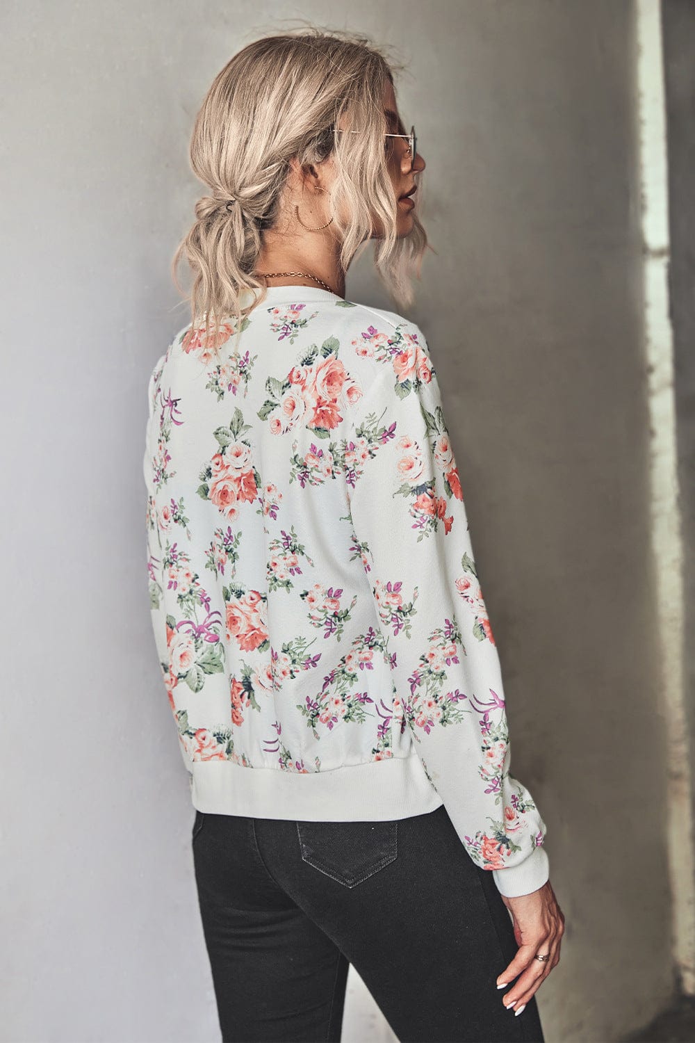 wickedafstore Floral Zip Up Ribbed Trim Bomber Jacket