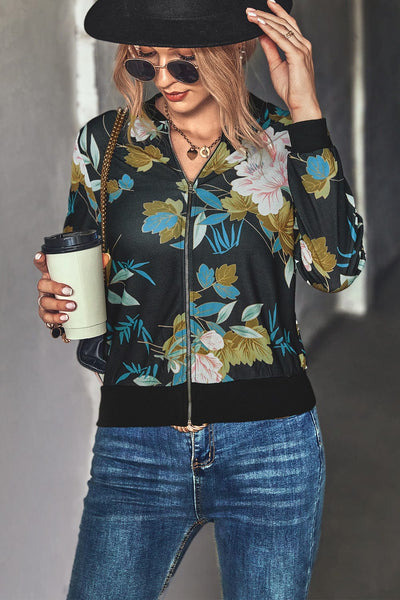 wickedafstore Floral Zip Up Ribbed Trim Bomber Jacket