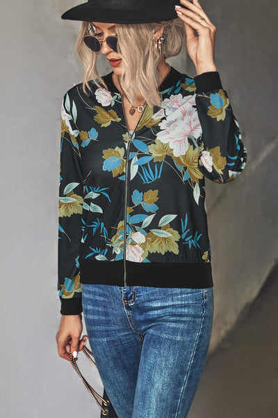 wickedafstore Floral Zip Up Ribbed Trim Bomber Jacket