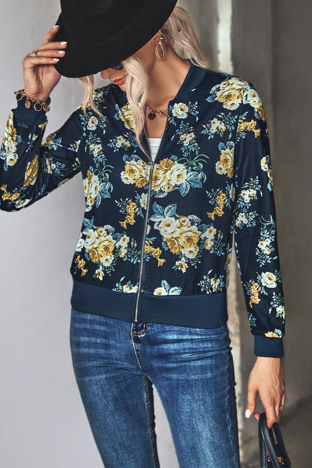 wickedafstore Floral Zip Up Ribbed Trim Bomber Jacket