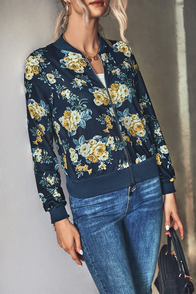 wickedafstore Floral Zip Up Ribbed Trim Bomber Jacket