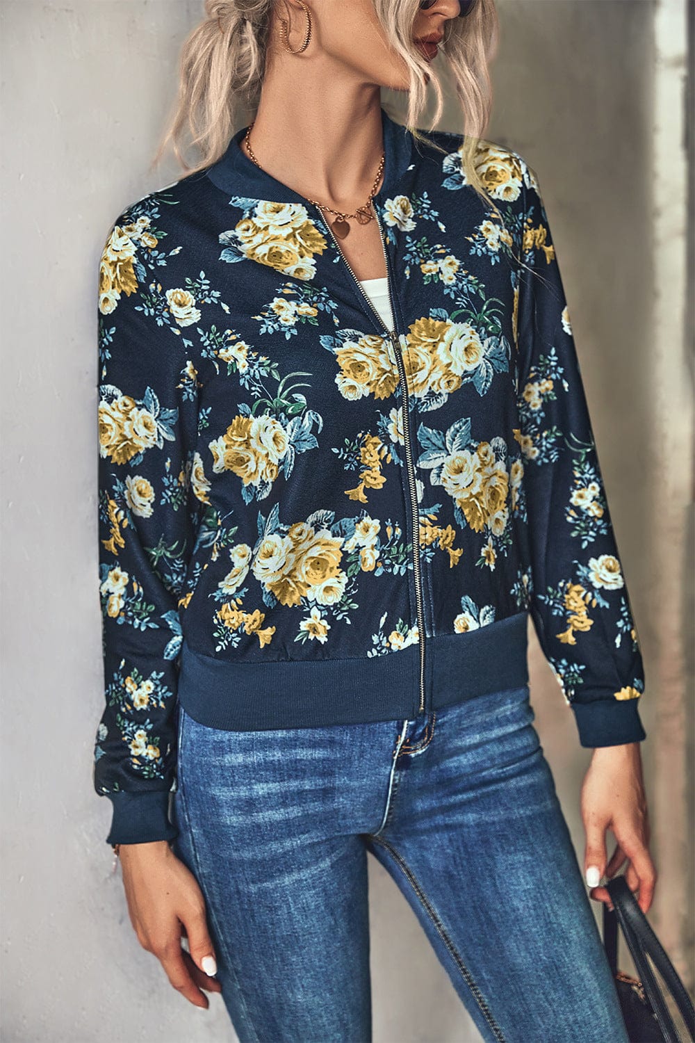 wickedafstore Floral Zip Up Ribbed Trim Bomber Jacket