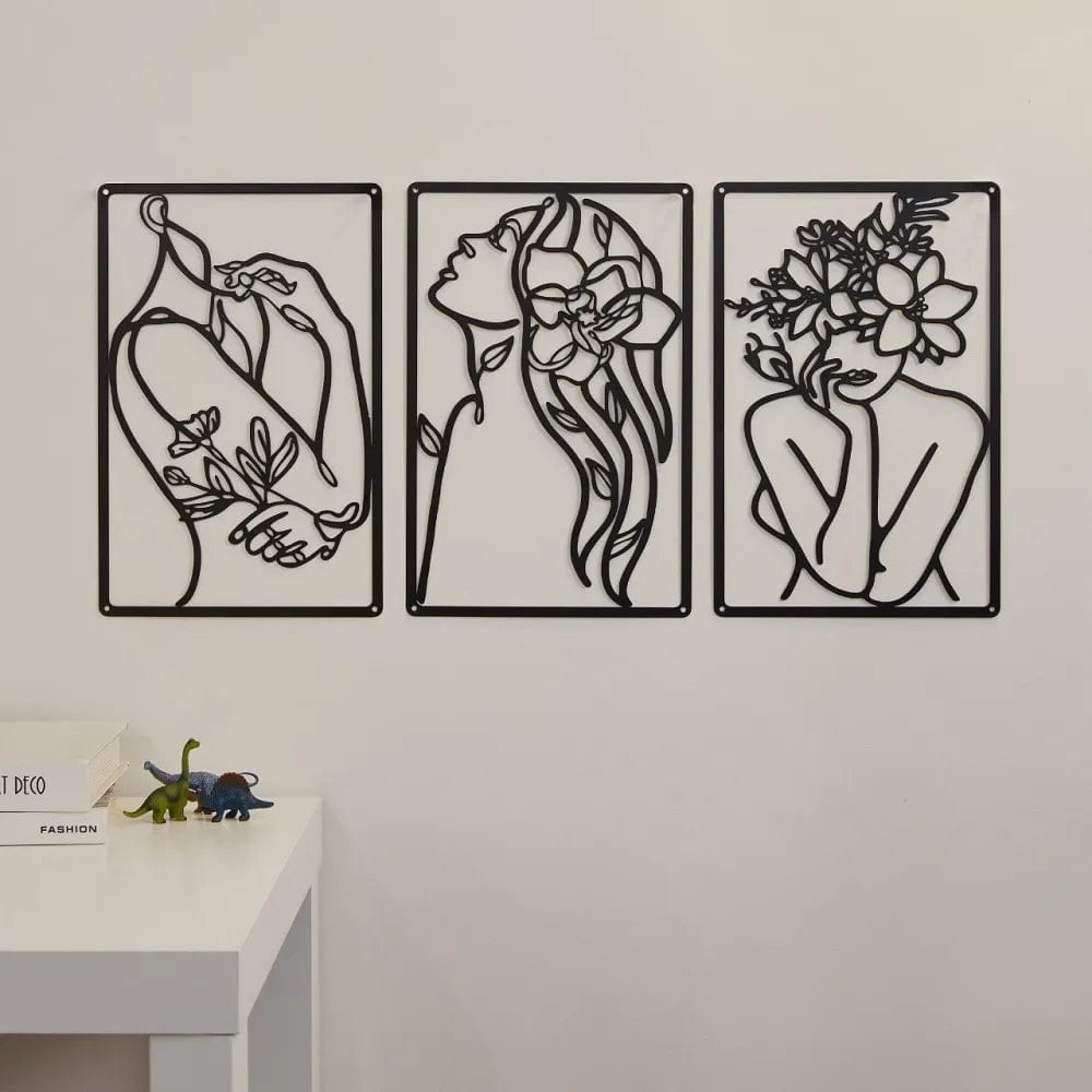 wickedafstore G 3Pcs 3 Pieces Set Woman Shape Metal Wall Art Signs Nordic Style Minimalist Abstract Cutout Plaque Living Bedroom Decoration Boards