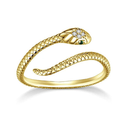 wickedafstore Gold Plated bamoer 925 Sterling Silver Platinum Plated Adjustable Ring, Green Zircon Retro Textures Snake Ring Fashion Jewelry 4 Colors