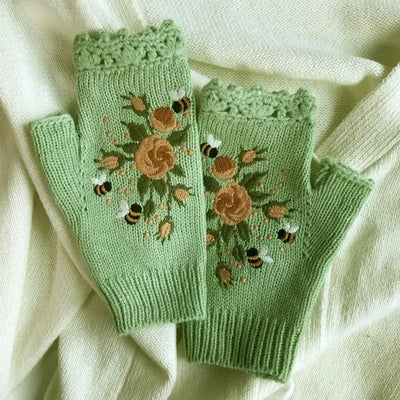 wickedafstore green / One Size Women's Handmade Embroidery Knit Gloves Flower Hand Fingerless Adult Glove