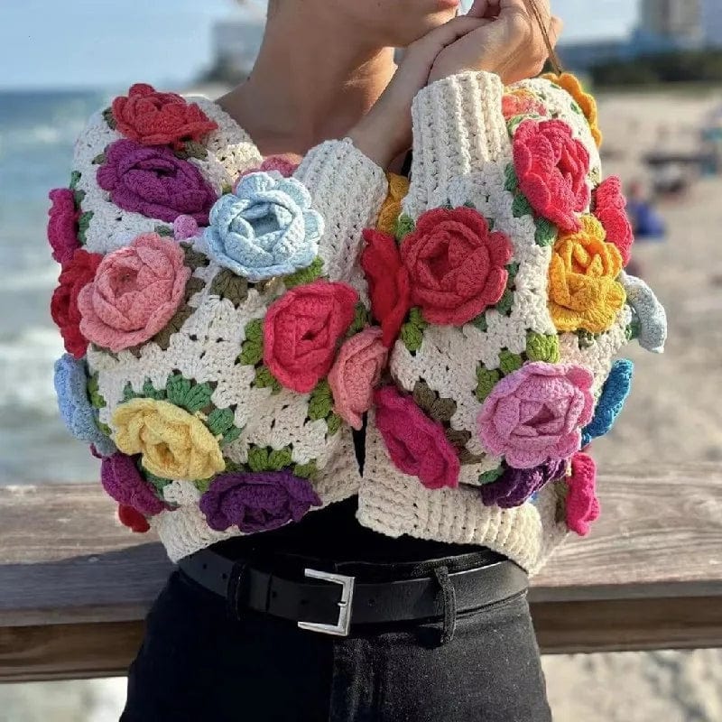 wickedafstore Hand-Crocheted 3D Flower Ball Boho Cardigan