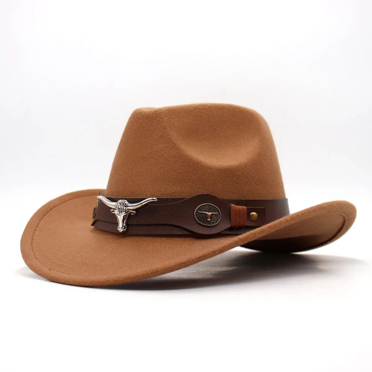 wickedafstore Khaki ZongNT / S(52-54cm Child) Western Cowboy Black Hat With Bull Decor Classic Wide Brim Jazz Imitation Wool Hats For Women Felt Hats With Cow Head Knight Hat