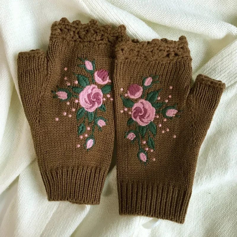 wickedafstore Light brown / One Size Floral Embroidery Fingerless Gloves
