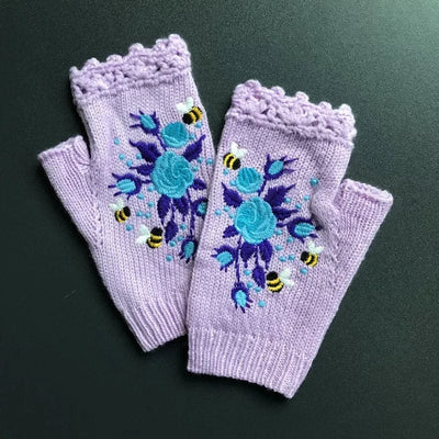 wickedafstore Light Purple / One Size Women's Handmade Embroidery Knit Gloves Flower Hand Fingerless Adult Glove