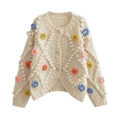 wickedafstore as1 / One Size / CHINA Chu Sau beauty 2023 Women Autumn Fashion Sweet Floral Embroidery Knitted Loose Cardigan Vintage Crochet Sweater Chic Knitcoats