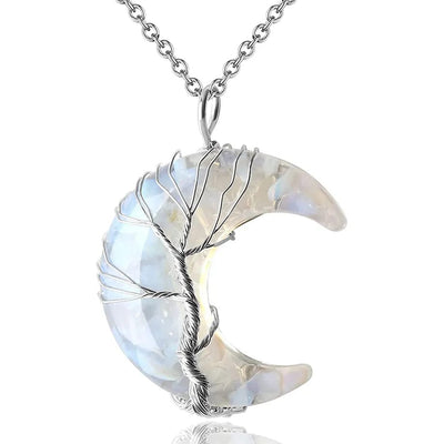 wickedafstore Opal Crescent Moon Quartz Crystal Necklace