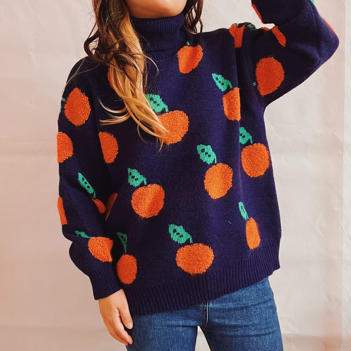 wickedafstore Oranges Motif Turtleneck Sweater