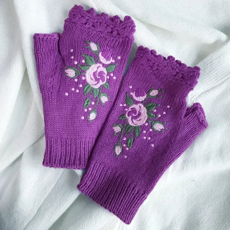 wickedafstore PURPLE / One Size Women's Handmade Embroidery Knit Gloves Flower Hand Fingerless Adult Glove