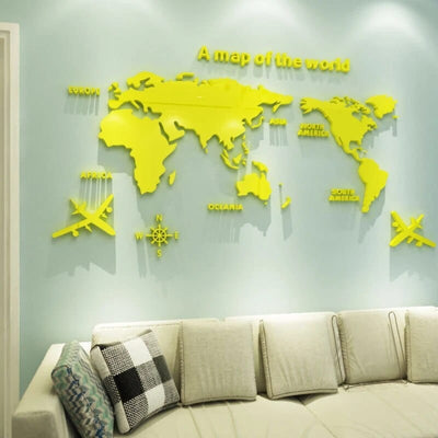 wickedafstore S(0.8x0.4M) / Yellow 3D World Map Wall  Stickers