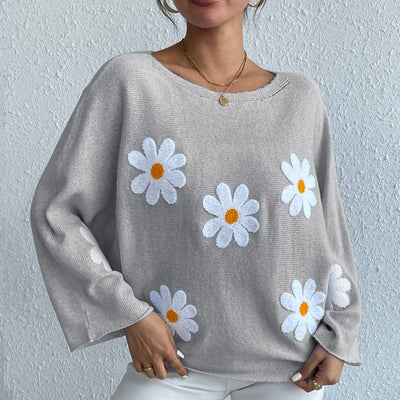wickedafstore S / Gray Kendall Embroidered Daisies Sweater