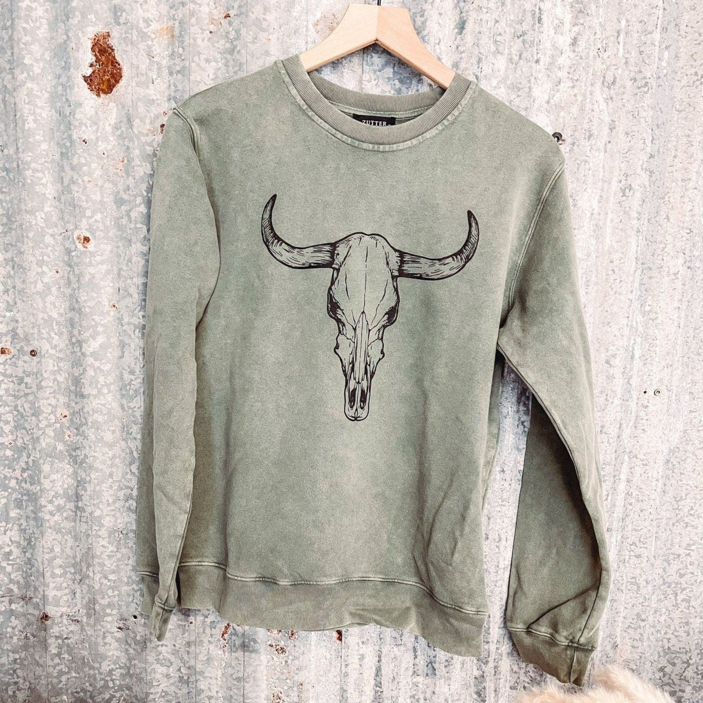 wickedafstore S / Green Boho Cow Skull Sweatshirt