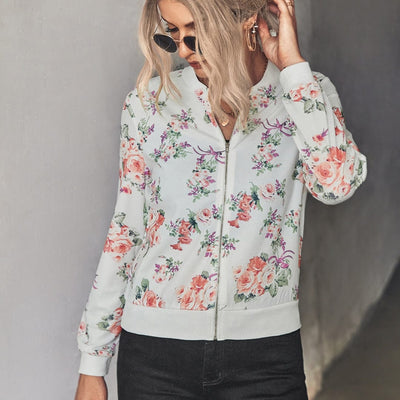 wickedafstore S / Ivory Floral Zip Up Ribbed Trim Bomber Jacket