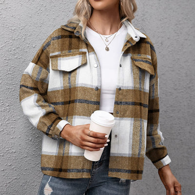 wickedafstore S / Yellow Thickened Cashmere Long-Sleeved Plaid Shacket