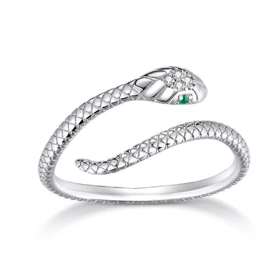 wickedafstore Silver bamoer 925 Sterling Silver Platinum Plated Adjustable Ring, Green Zircon Retro Textures Snake Ring Fashion Jewelry 4 Colors