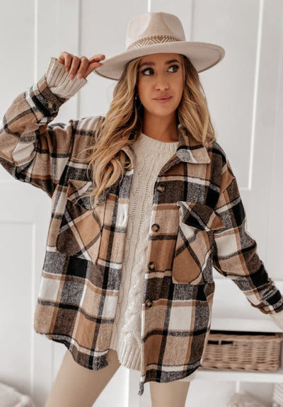 wickedafstore Sunday Drives Brown Plaid Shacket