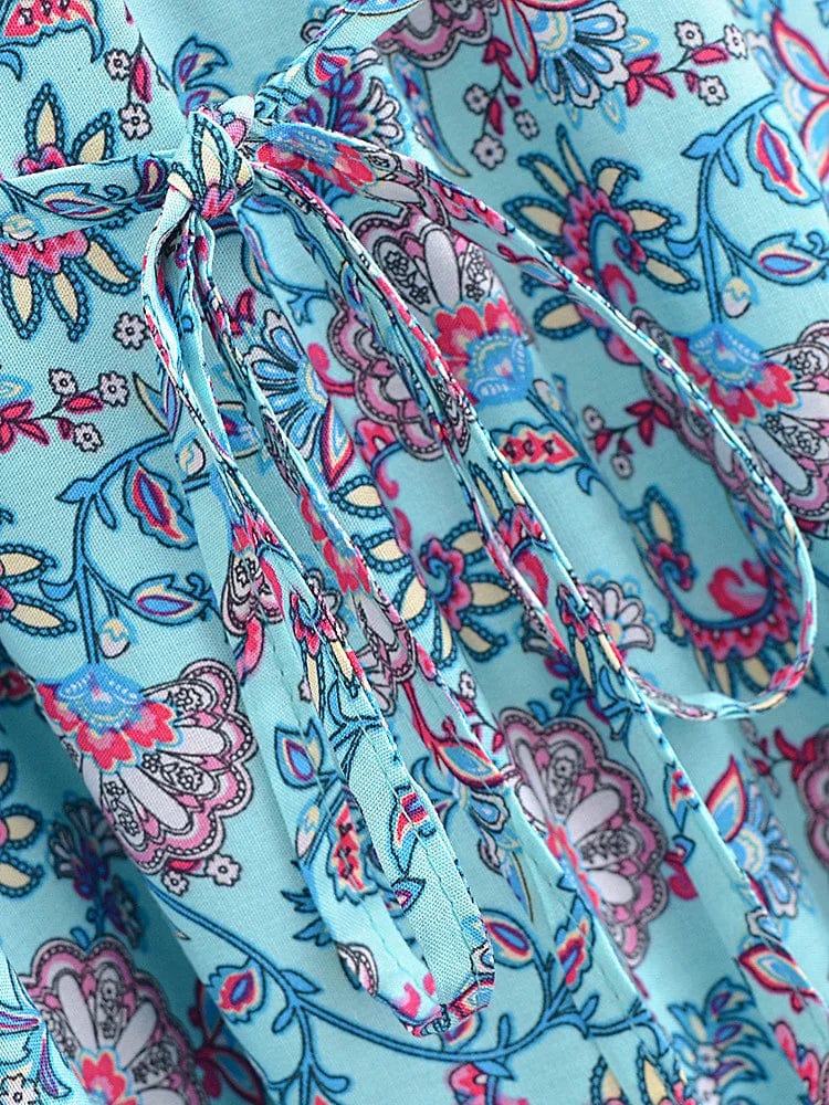 wickedafstore Vintage Chic Women Elegant Tassel Blue Floral Print Beach Bohemian Maxi Dresses Robe Ladies Rayon Cotton Boho Dress Vestidos